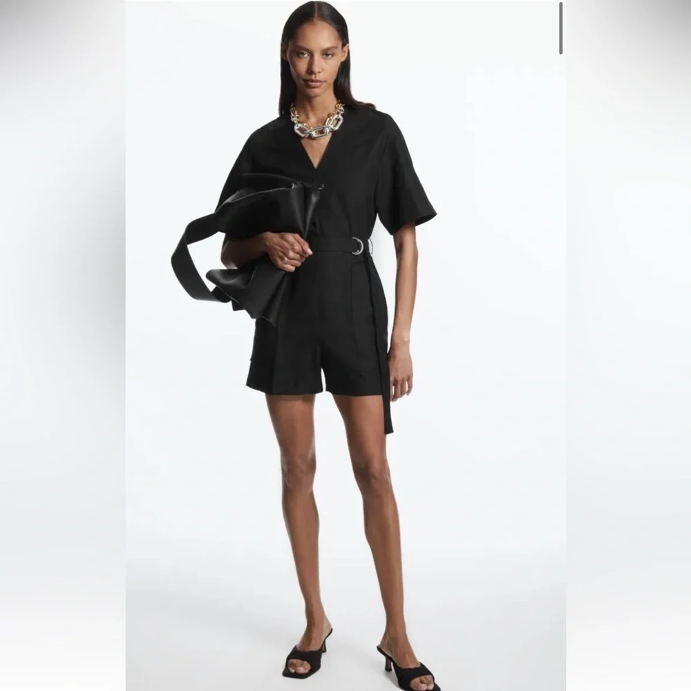 COS Linen Lyocell Belted V Neck Romper Playsuit in Black - Size 12